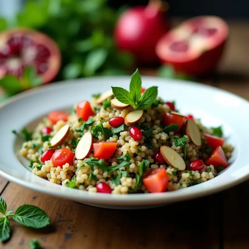 Tabbouleh libanés con espelta y granada: Ensalada fresca y sin gluten con hierbas aromáticas