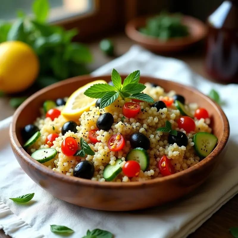 Tabbouleh de Quinoa con Tomates Secos y Aceitunas Kalamata: Receta Libanes Vegana y Sin Gluten