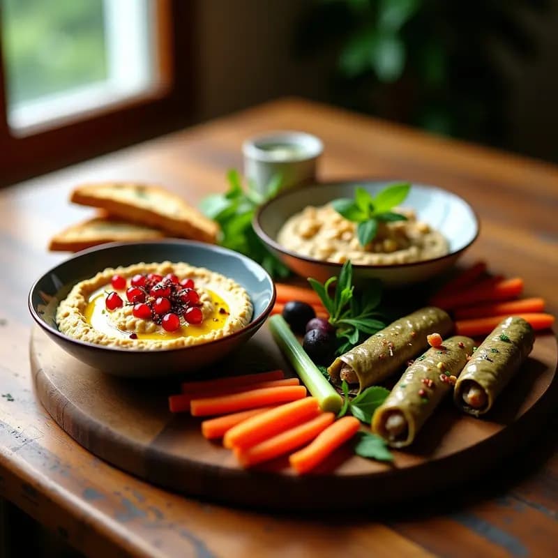 Tabla de Meze con Hummus, Baba Ganoush y Dolmades: Entrante Griego Vegano
