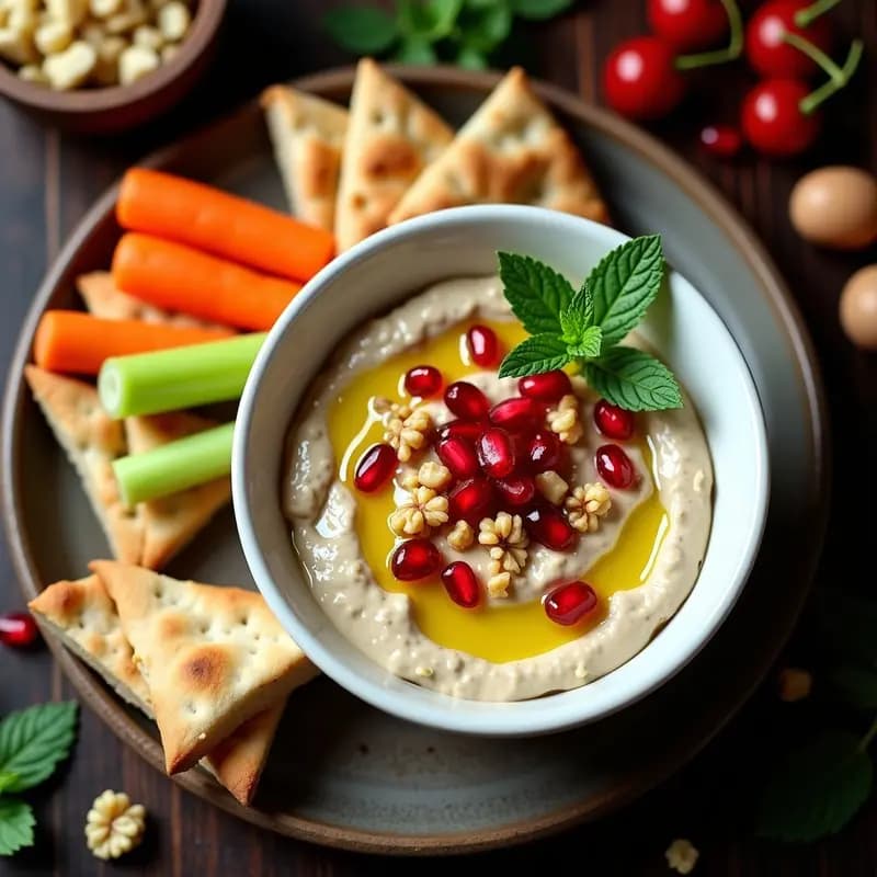 Tabneh de Berenjena Asada con Granada y Nueces: Aperitivo Libanés Vegano
