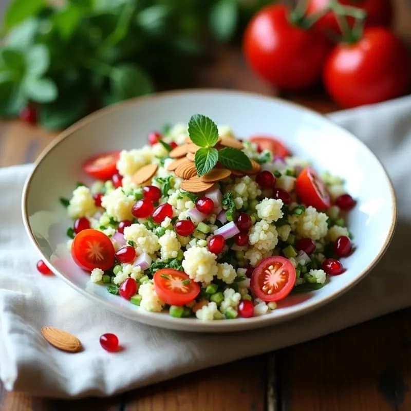 Taboulé Libanes de Coliflor y Granada: Ensalada Sin Gluten y Alta en Fibra