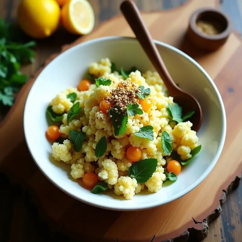 Taboulé de Coliflor y Pasas con Aderezo de Limón y Zaatar: Ensalada Libanesa Low-Carb