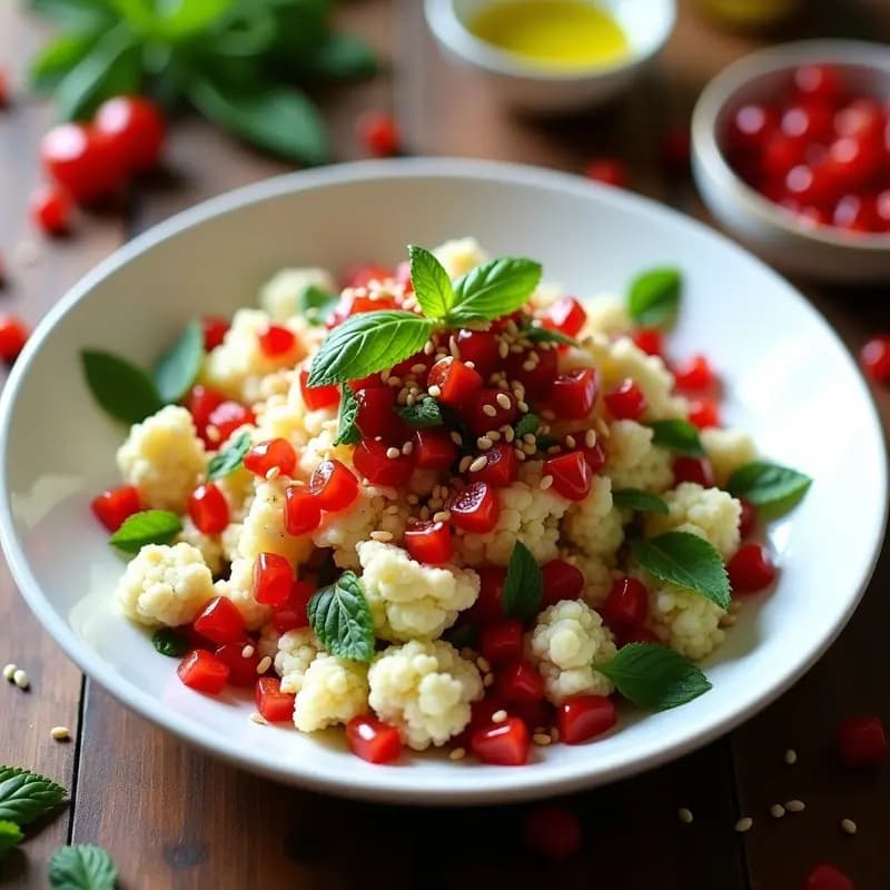 Taboulé de Coliflor y Tomates Secos: Receta Libanesa Keto con Vinagreta de Granada