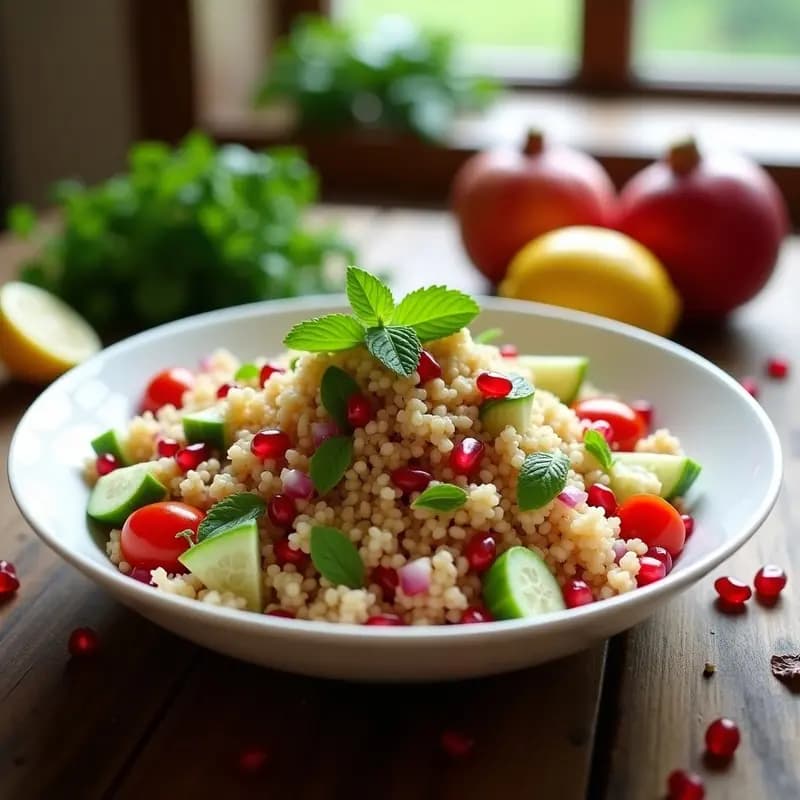 Taboulé de Quinoa con Granada y Mentas: Receta Libanesa Alta en Fibra y Sin Gluten