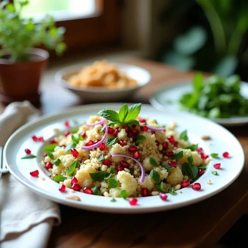 Taboulé de Coliflor y Hierba Buena con Granada: Receta Libanesa Sin Gluten en 15 Minutos