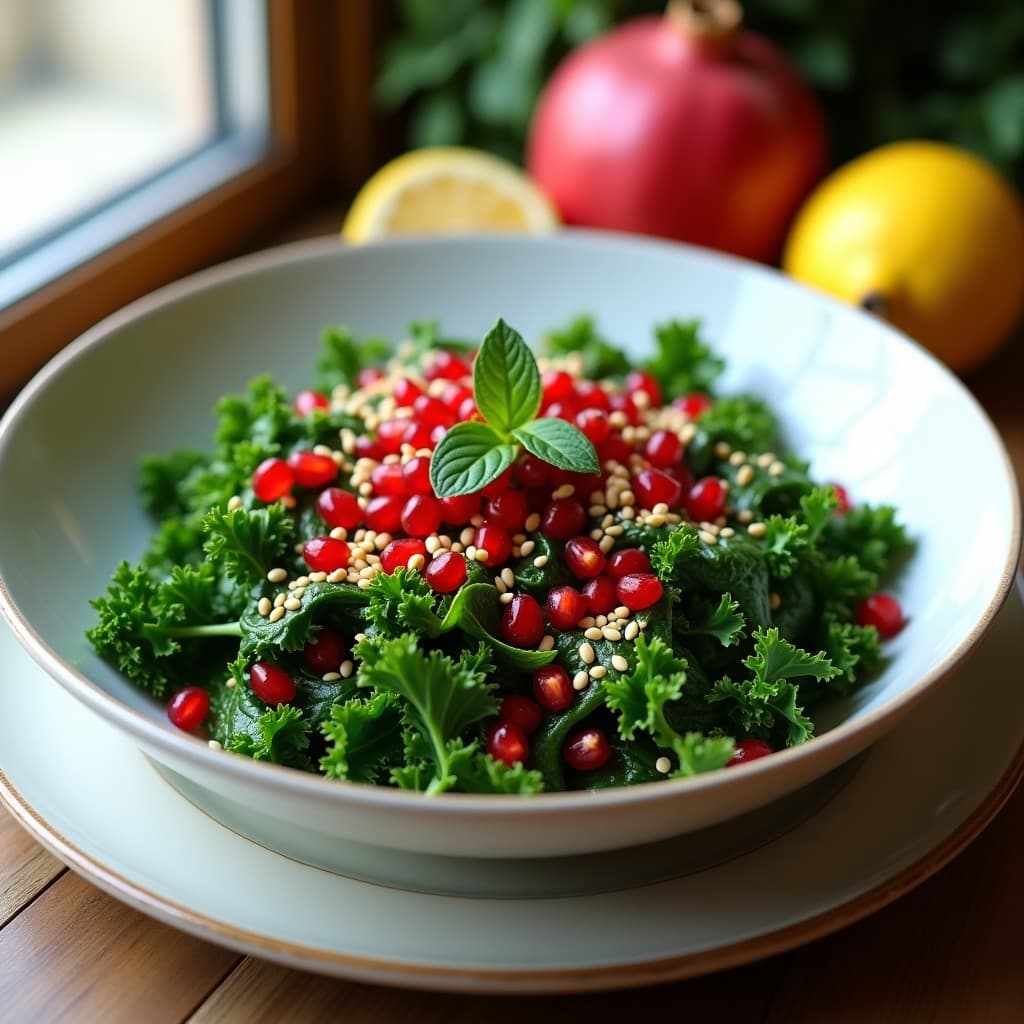 Tabule de Col Rizada con Granados y Limón: Ensalada Mediterránea Vegana y Alta en Fibra