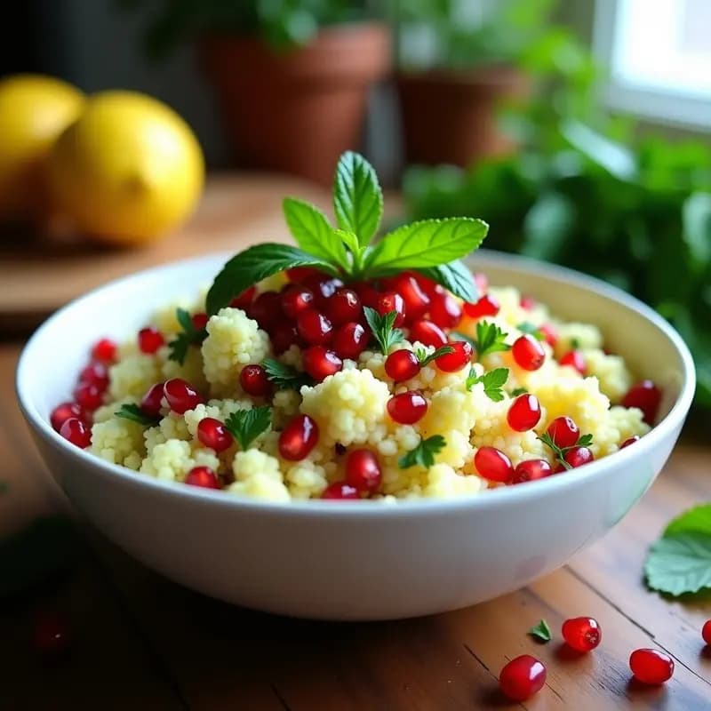 Tabulé de Coliflor y Granado con Vinagreta de Limón: Receta Libanes Low-Carb