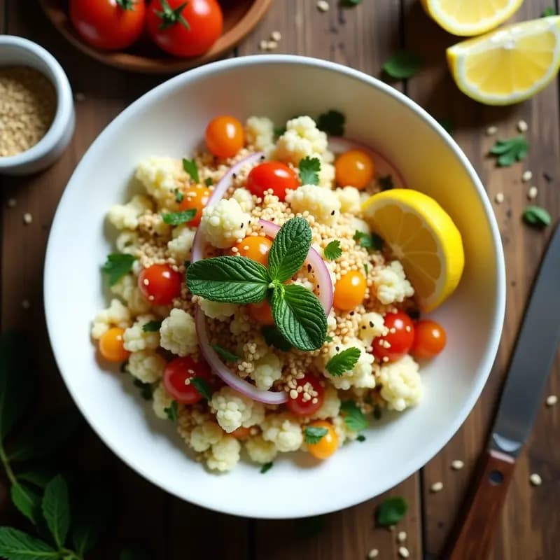 Tabulé de Coliflor y Pasas: Ensalada Libanes Sin Gluten con Toque Ácido de Limón