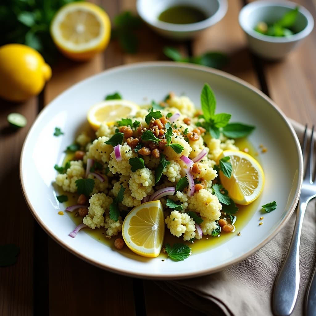 Tabulé de Coliflor y Pasas con Vinagreta de Limón: Receta Árabe Keto y Sin Gluten