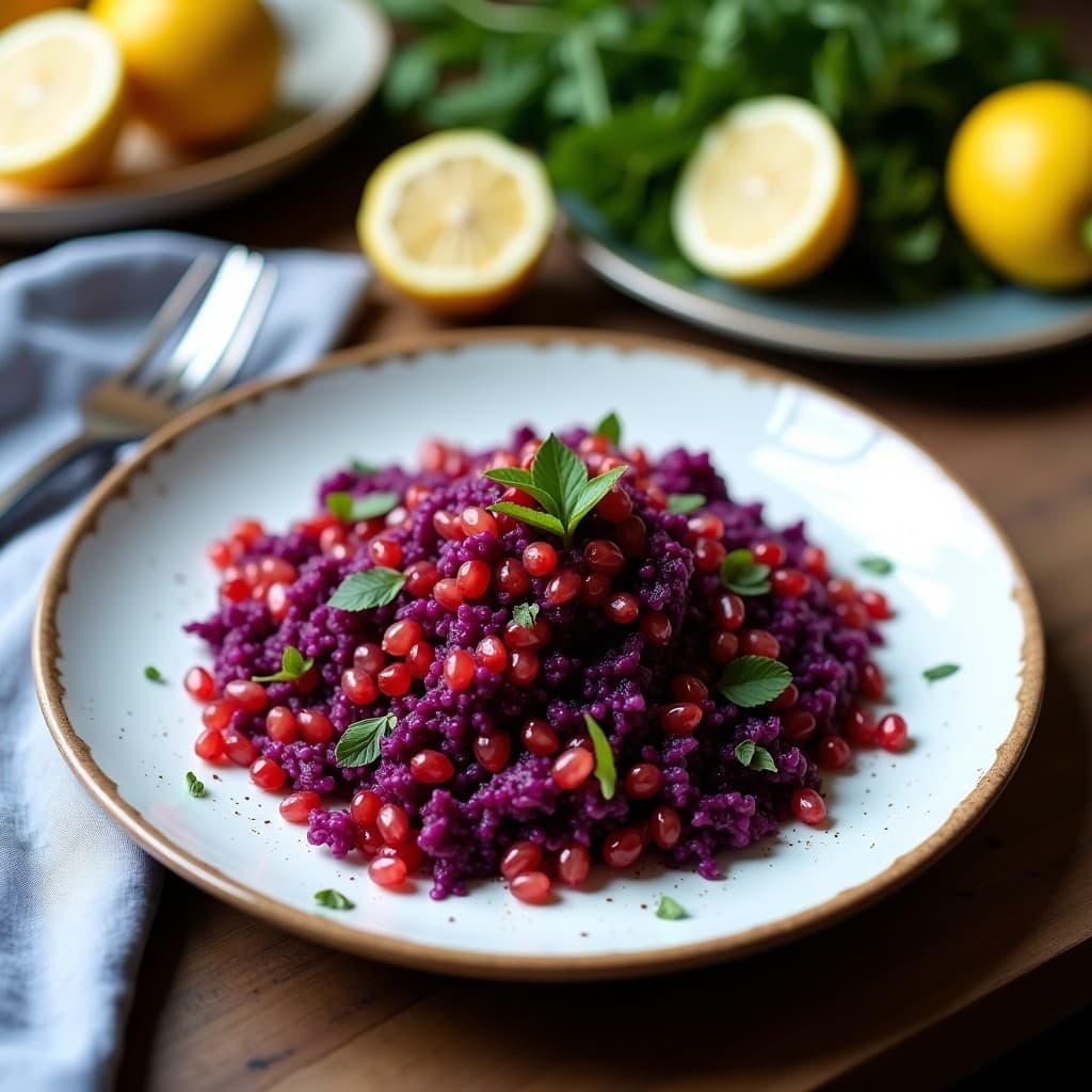 Tabule de Repollo Morado y Granados con Limón Sumac: Receta Árabe Vegana y Sin Cocción