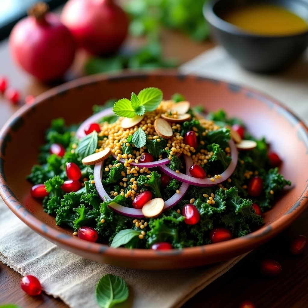 Tabuleh de Col Rizada y Granados con Vinagreta de Sumac: Ensalada Libanes Vegana y Cruda