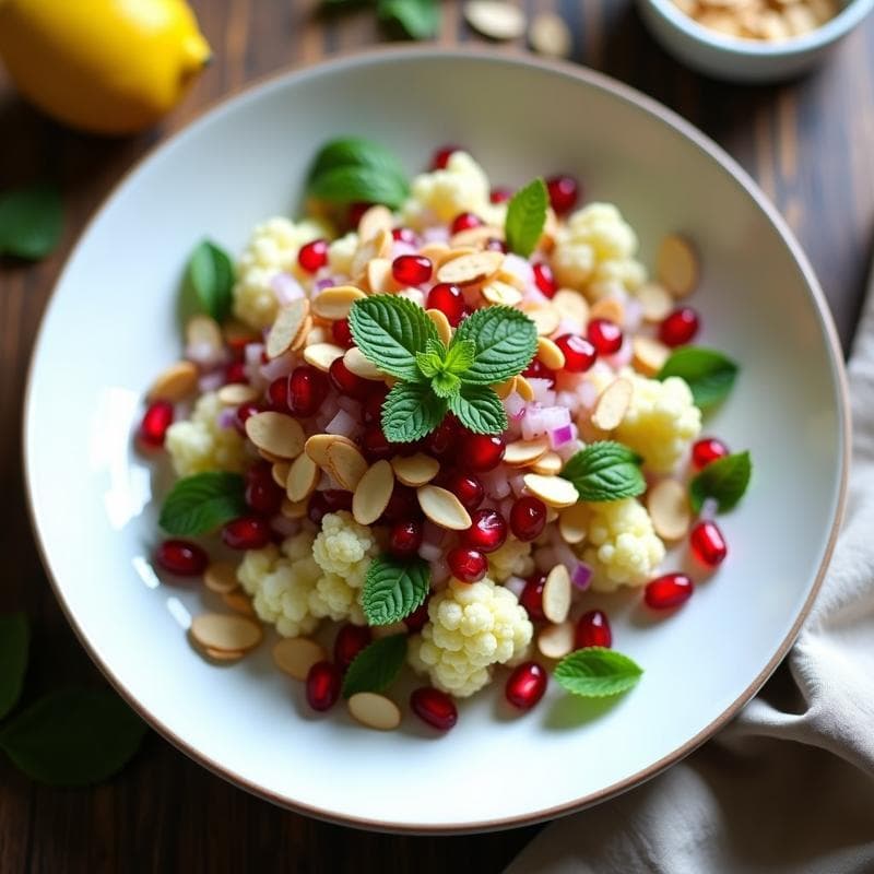 Tabuleh de Coliflor y Granada con Menta Fresca: Ensalada Sin Gluten y Baja en Calorías