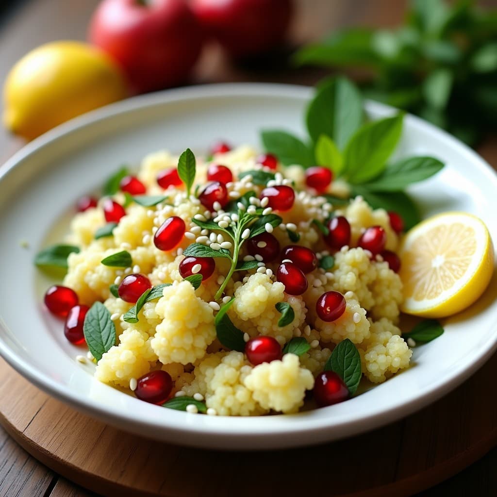 Tabuleh de Coliflor y Granados con Vinagreta de Limón y Aceite de Sésamo: Ensalada Libanes Vegana y Sin Gluten