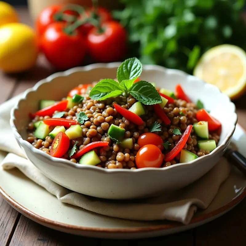 Tabuleh de Lentejas y Pimiento Asado: Ensalada Árabe Vegana y Sin Gluten