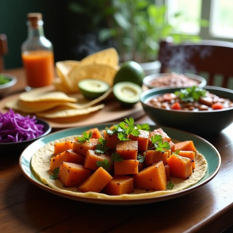 Taco Bar de Camote y Frijoles Charros: Receta Mexicana Vegana para FIesta