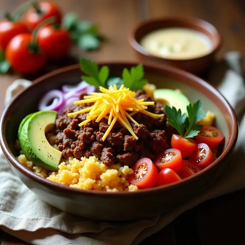 Taco Bowl de Cauliflor y Carne de Res Deshidratada: Receta Mexicana Keto en 20 Minutos