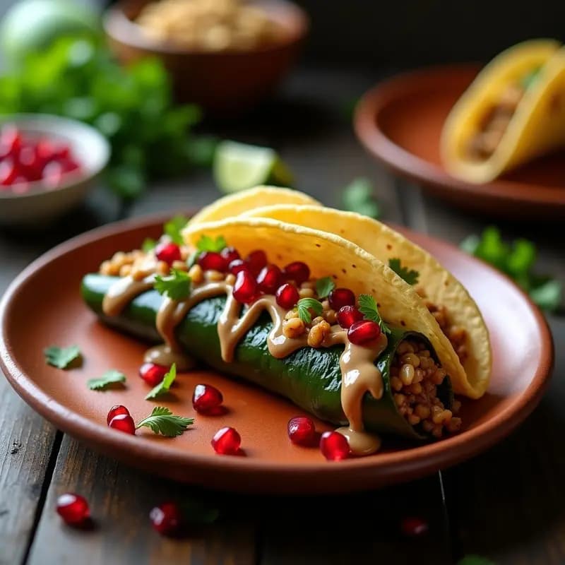 Taco de Chiles en Nogada con Hongo Portobello: Receta Mexicana Vegana con Salsa de Nueces