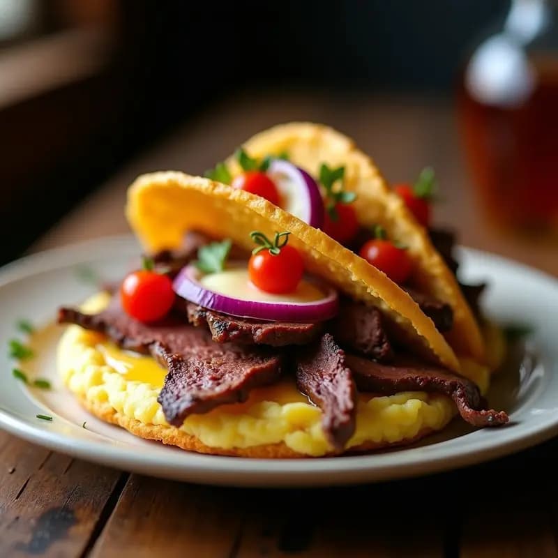 Taco de Churrasco con puré de papas trufado y queso fundido: Receta Argentina de Alta Indulgencia