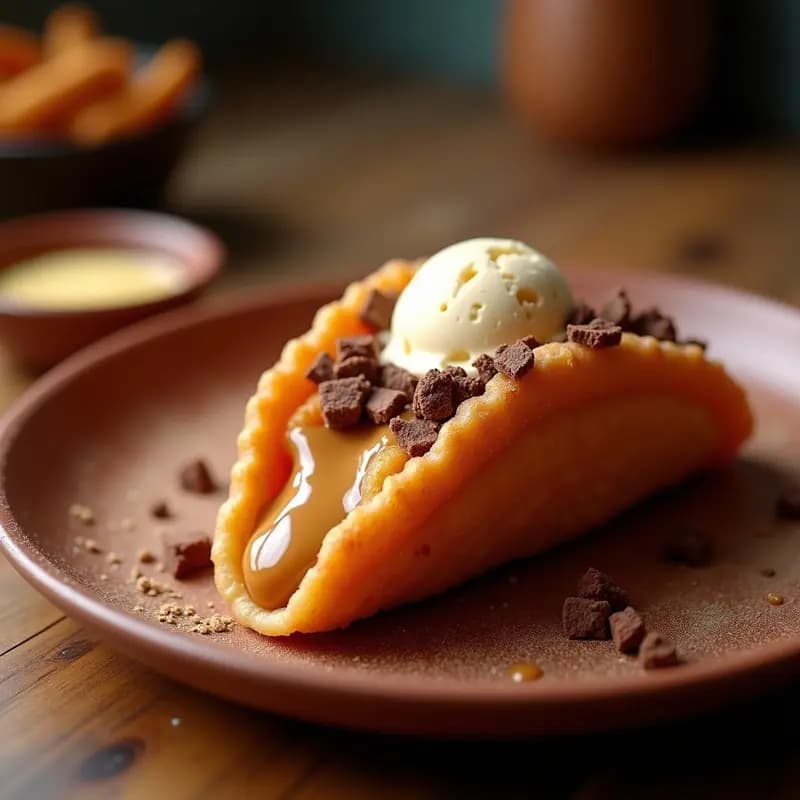 Taco de Churros Rellenos de Dulce de Leche y Helado: Postre Mexicano Fusion Dulce-Salado