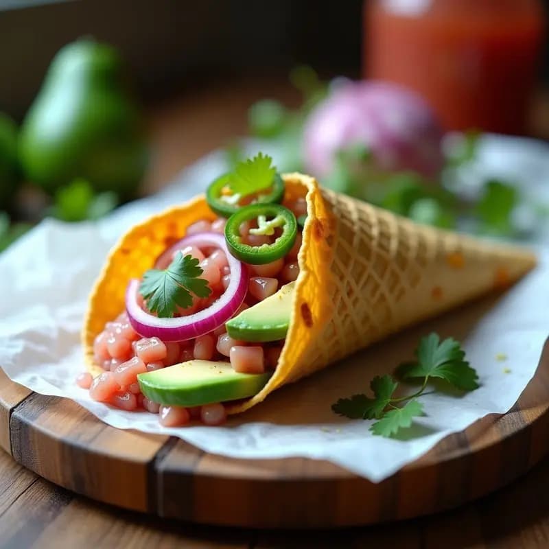 Taco Cone de Harina de Maíz Azul con Ceviche de Atún: Receta Mexicana en Formato Helado