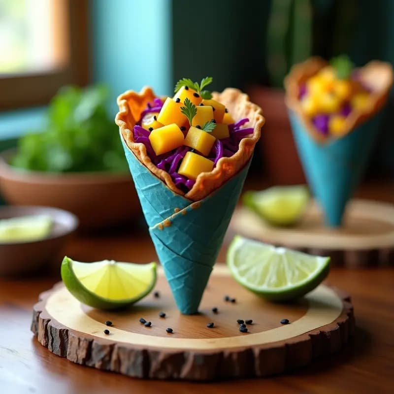 Taco Cone de Maíz Azul con Ceviche de Mango y Lechuga Morada: Snack Mexicano 3D para Instagram