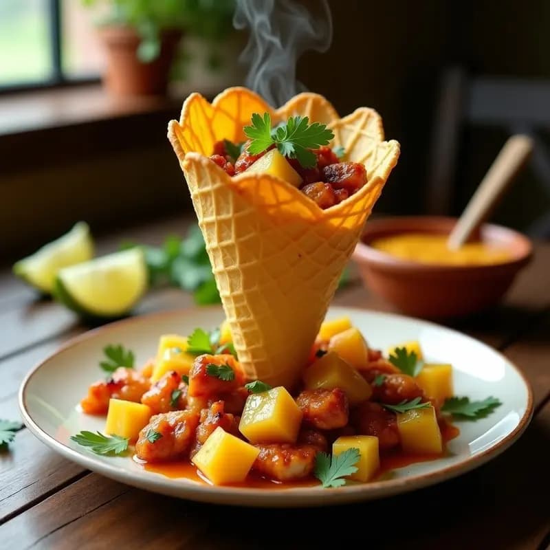 Taco Cone de Pollo al Pastor con Piña Caramelizada: Cono Crujiente que Desafía la Gravedad