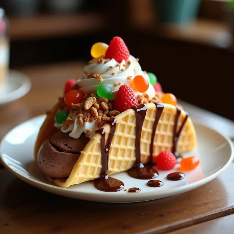 Taco de Helado: Cono de Gofre Relleno de Helados de Vainilla, Chocolate y Fresa con Toppings