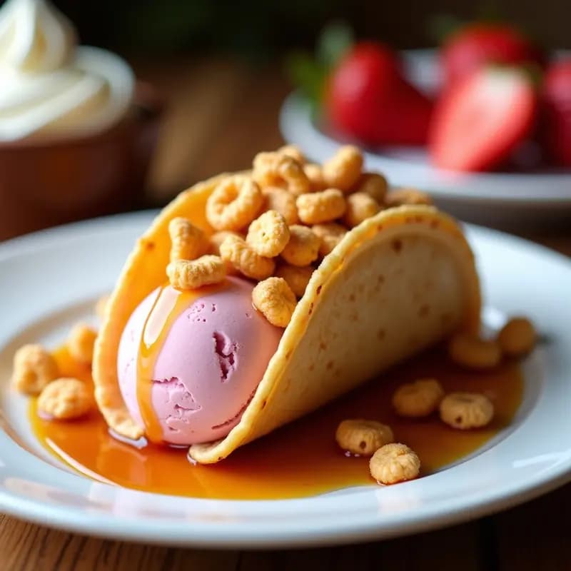 Taco de Helado de Fresa con Caja de Cereal Crujiente y Sirope de Arce: Postre Innovador