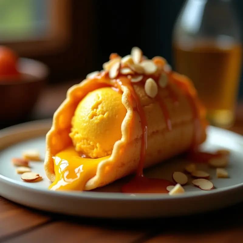 Taco de Helado con Gofre Crujiente, Helado de Mango y Salsa de Caramelo: Postre que Desafía la Gravedad
