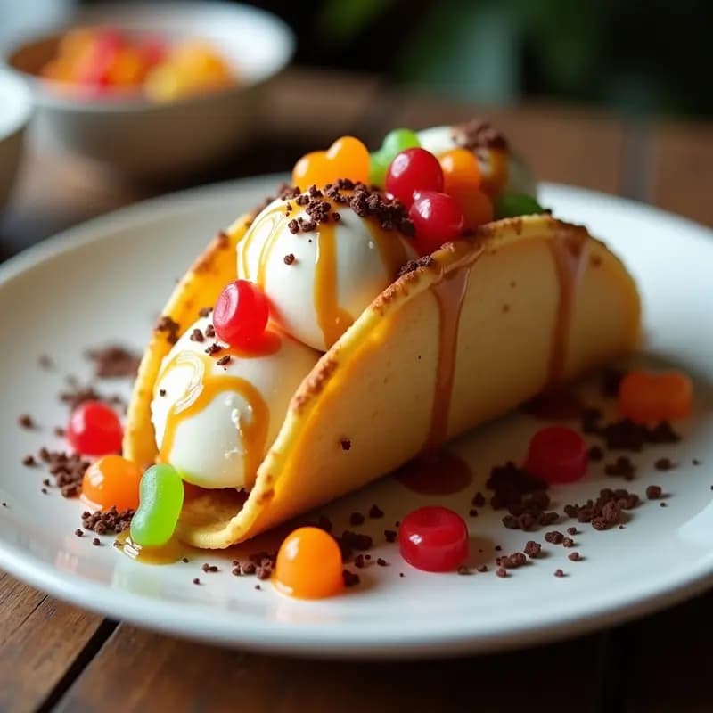 Taco de Helado de Vainilla con Toppings de Gominolas y Sirope de Caramelo: El Postre que los Niños Amarán