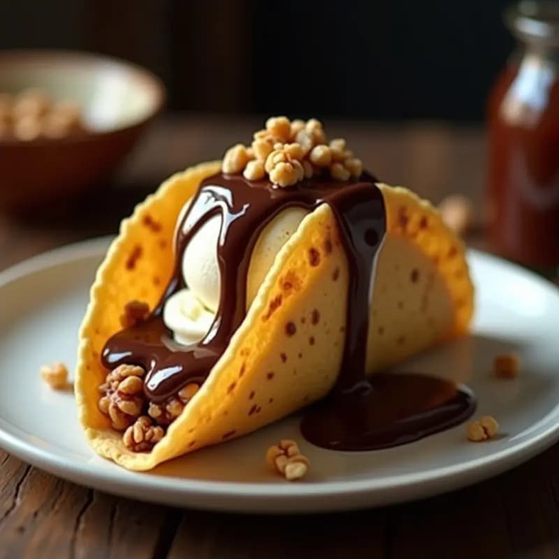 Taco de Helado de Vainilla con Salsa de Chocolate y Nueces Picadas: Postre Mexicano con Toque Helado