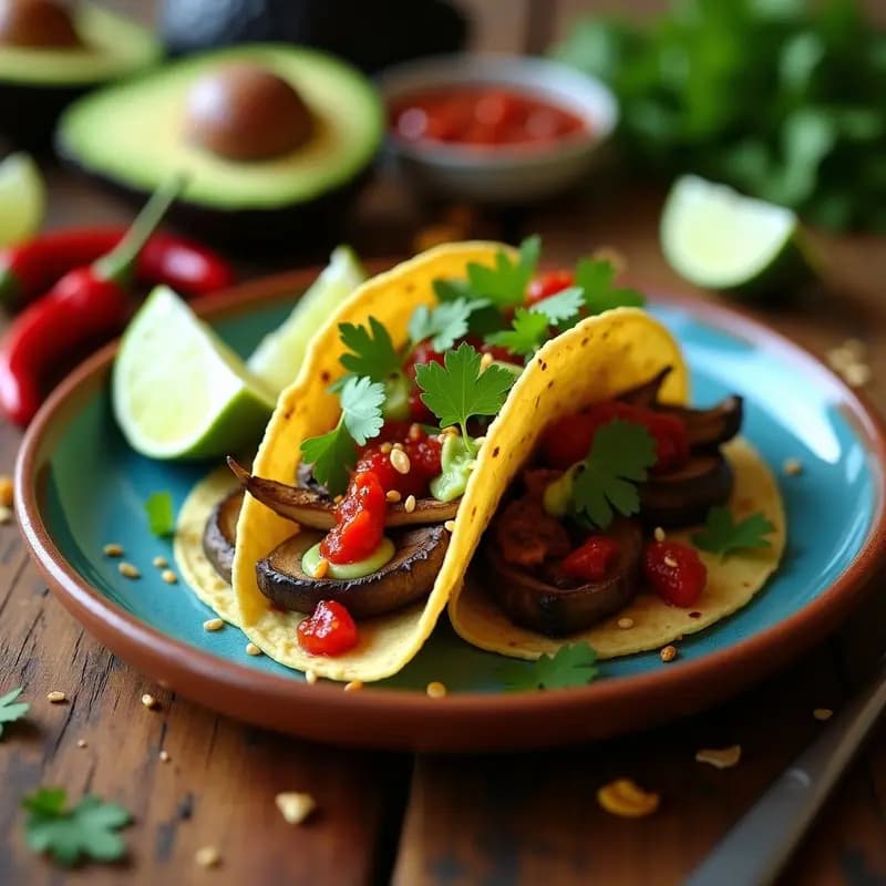 Taco de Nopal y Portobello: Receta Mexicana Vegana con Salsa de Chile de Árbol y Crema de Aguacate