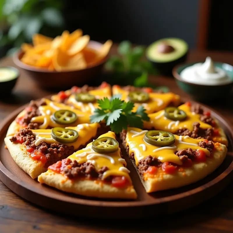 Taco pizza de carne molida con capas de totopos y queso fundido: Fusion que derrite en la boca