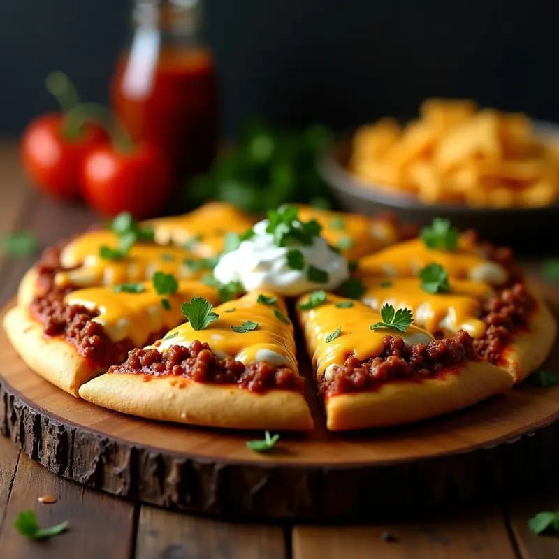 Taco Pizza: Base de Tortilla, Queso, Carne Picante y Nachos Triturados como Topping