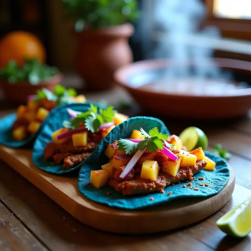 Tacos Al Pastor de Piña y Adobo: Receta Mexicana con Toque Dulce y Picante en Tortilla Azul