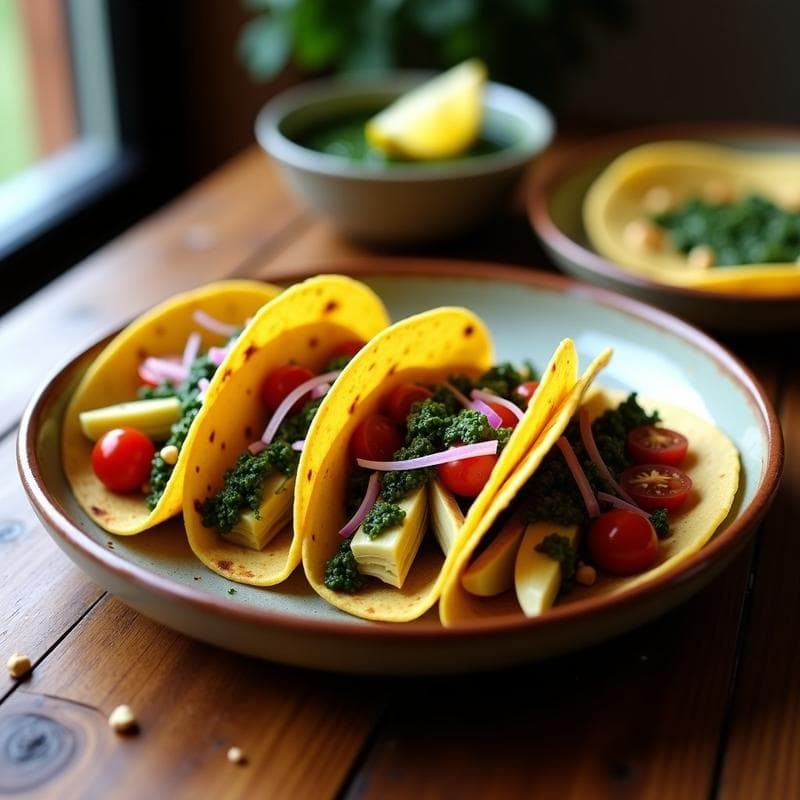 Tacos de Corazón de Alcachofa y Pesto de Albahaca Negra: Receta Mexicana Gourmet Sin Gluten