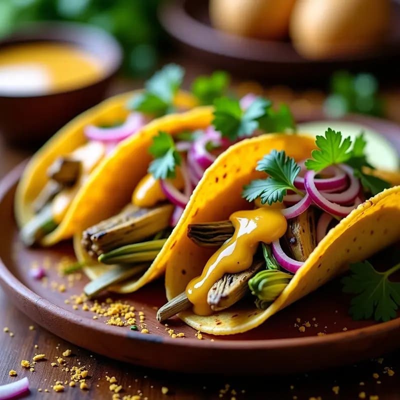 Tacos de Alcachofa y Queso de Cajún: Receta Mexicana Vegana con Salsa de Mostaza y Miel
