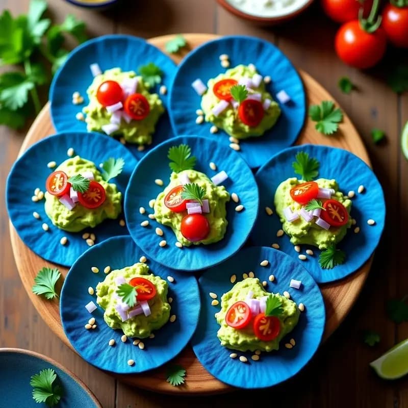Tacos de Alga Espirulina con Guacamole de Aquafaba: Snack Vegano Azul Eléctrico