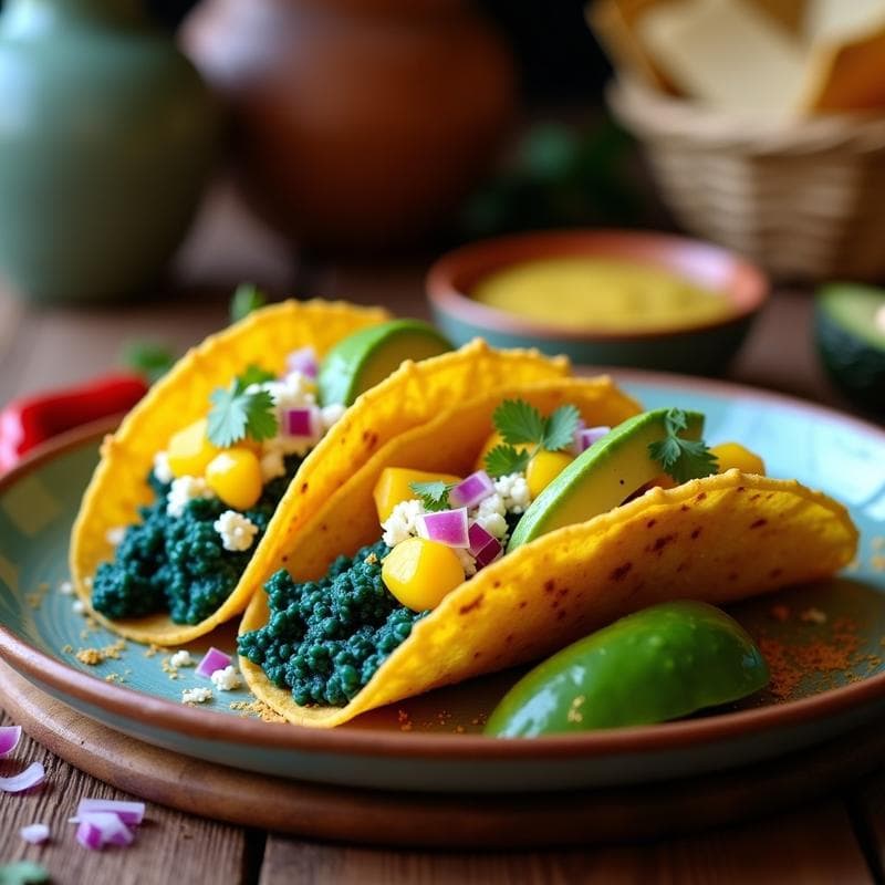 Tacos de Alga Espirulina y Queso Feta con Salsa de Mango: Receta Mexicana Vegana en Airfryer