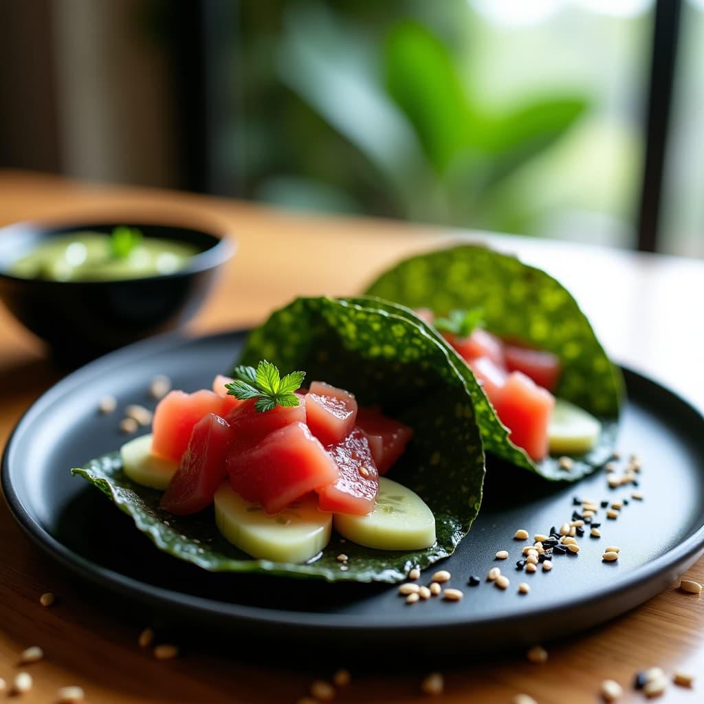Tacos de Alga Nori con Atún y Salsa Wasabi: Receta Japonesa Rápida y Alta en Omega-3