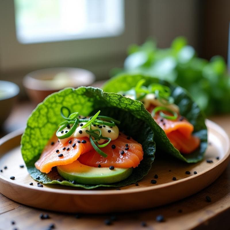 Tacos de Alga Nori con Salmón Ahumado y Crema de Wasabi: Receta Fusion Japonesa-Escandinava en Airfryer