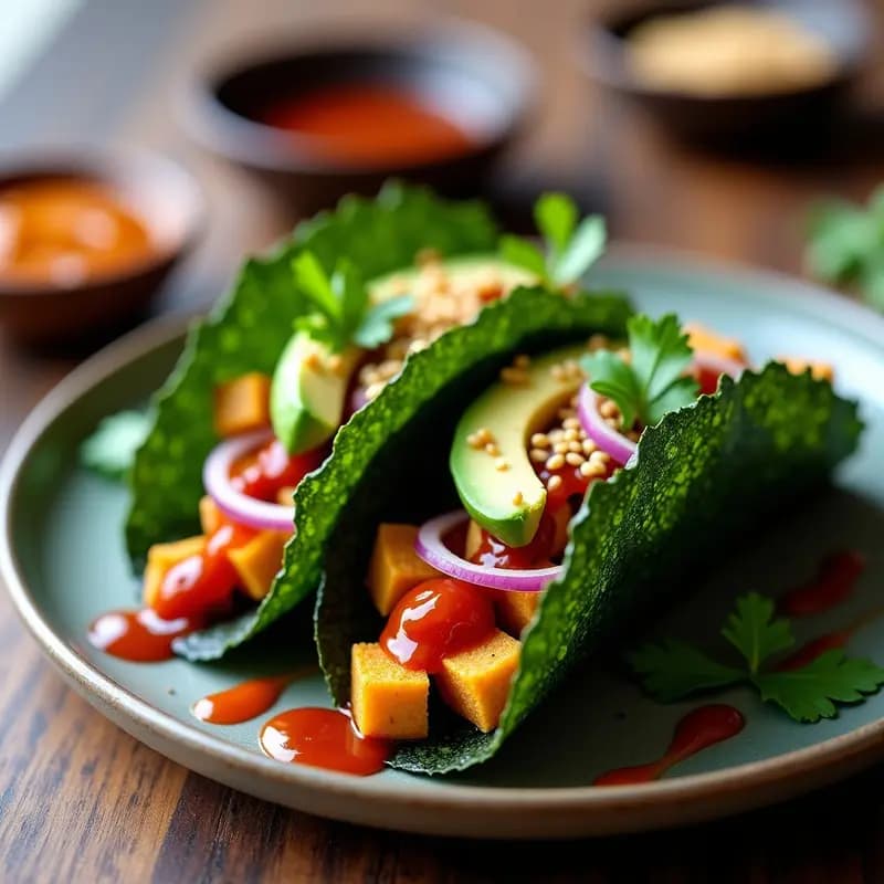 Tacos de Alga Nori con Relleno de Tempeh Adobado y Salsa de Tamarindo: Receta Mexi-Japonesa Vegana en Airfryer