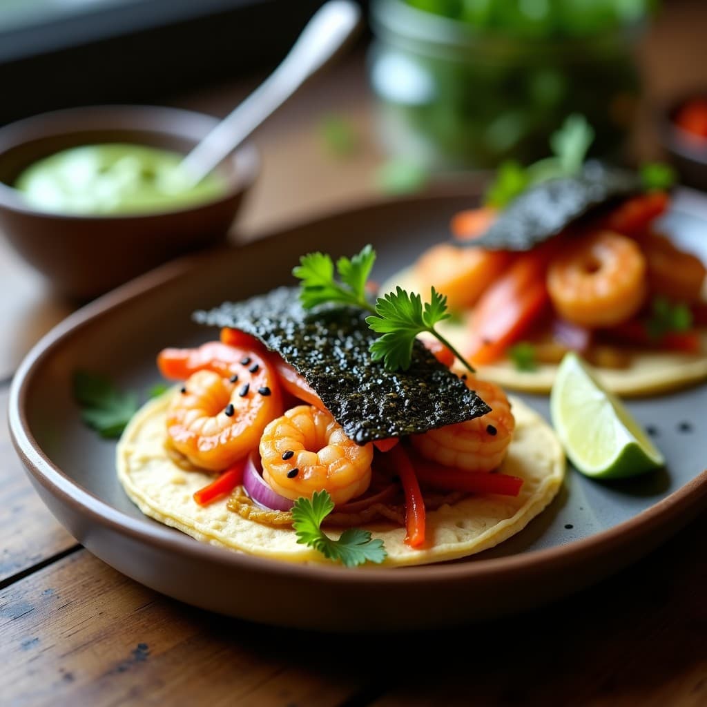 Tacos de Algas Nori y Camarones al Ajo: Receta Japonesa-Mexicana en 15 Minutos con Umami Explosivo