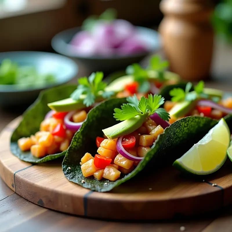 Tacos de Algas Nori con Ceviche de Jackfruit: Receta Vegana Fusion que Engancha en 1 Minuto