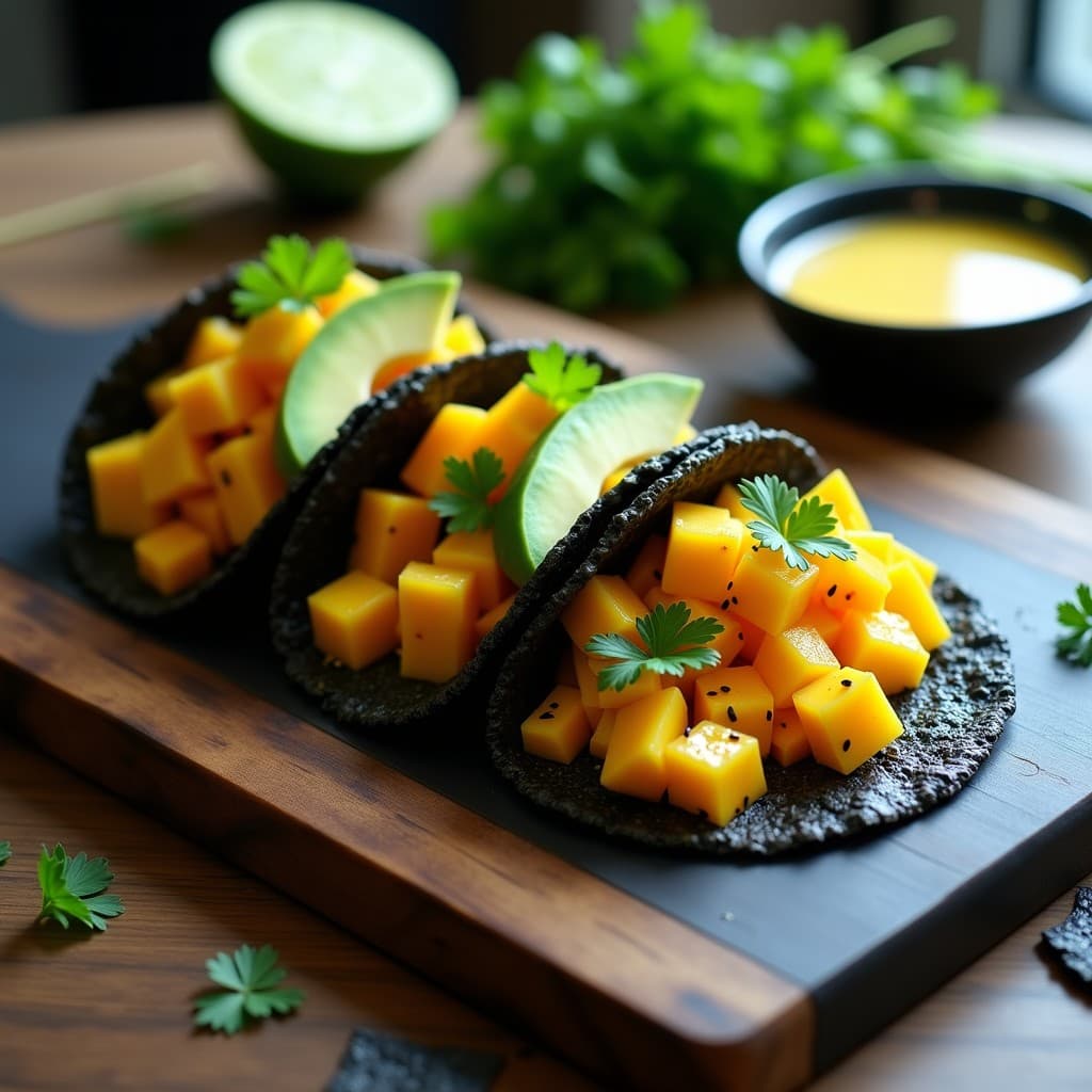 Tacos de Algas Nori con Ceviche de Mango y Leche de Tigre: Receta Fusion Peruano-Japonesa en 15 Minutos