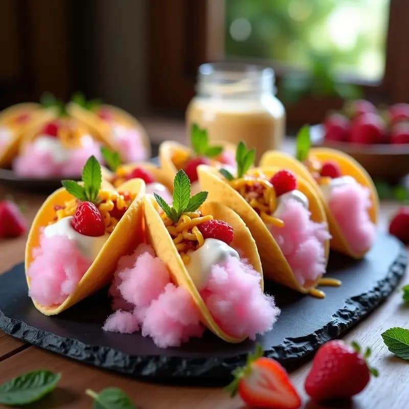 Tacos de Algodón de Azúcar con Frutas Liofilizadas: Postre Mexicano Divertido para Niños
