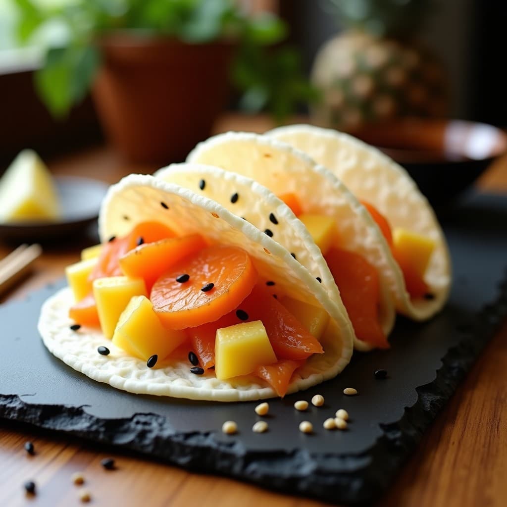 Tacos de Algodón de Azúcar de Piña y Salmón: Postre Vegano con Toque Japonés en Airfryer