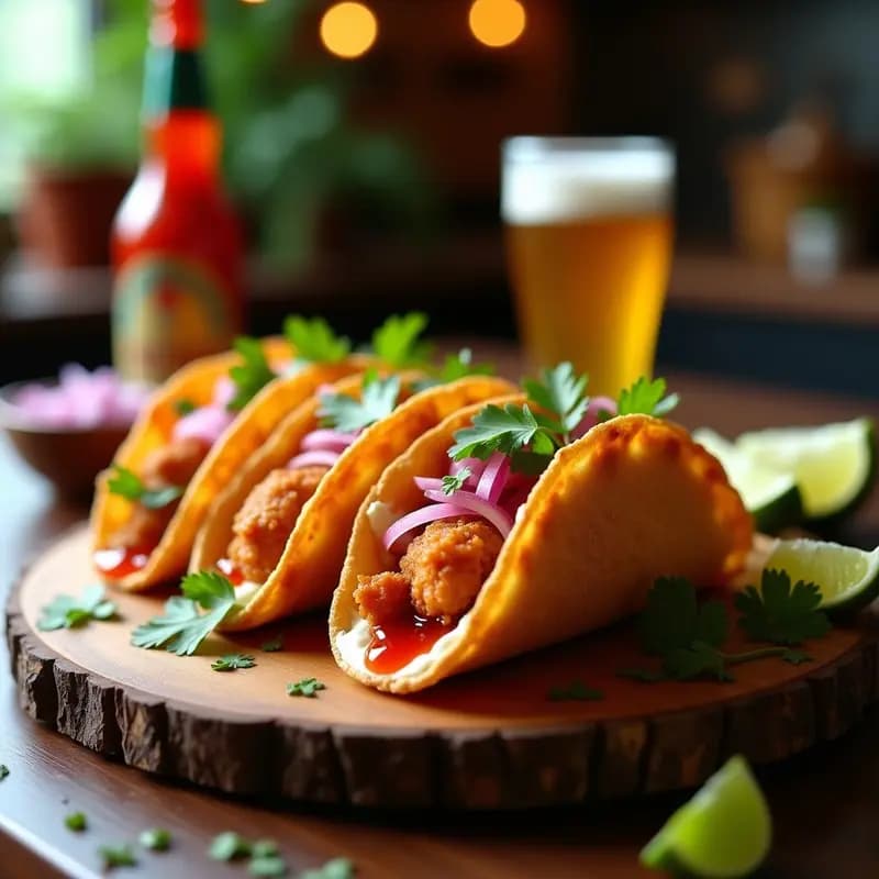 Tacos de Árbol con Queso Philadelphia, Mermelada de Jalapeño y Pollo Crujiente