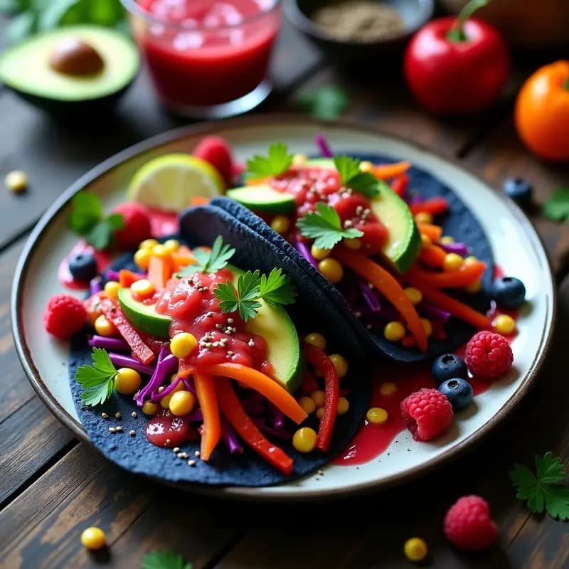 Tacos de Arcoíris de Vegetales con Salsa de Frutos Rojos: Receta Vegana y Crudivegana en Capas