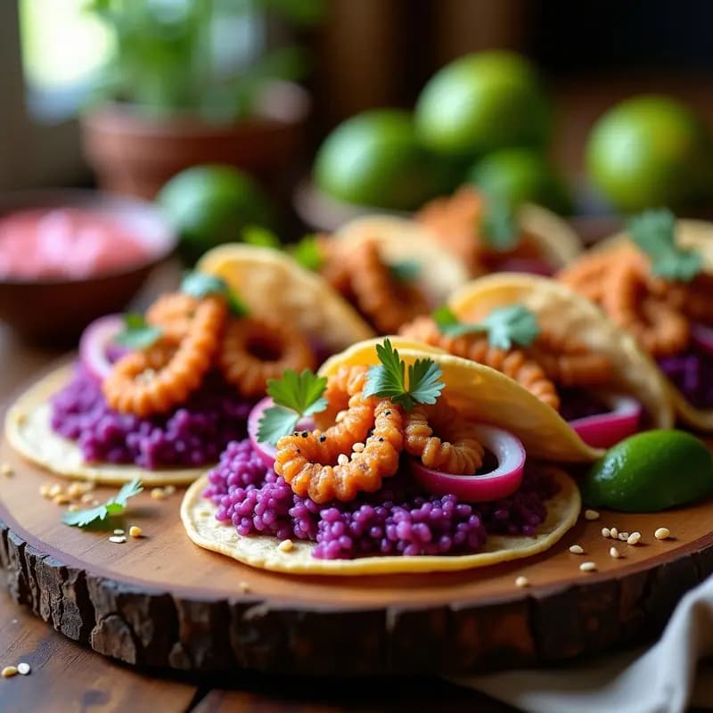 Tacos de Arroz Morado con Pulpo Crujiente y Salsa de Guayaba: Receta Mexicana-Japonesa Viral en Airfryer